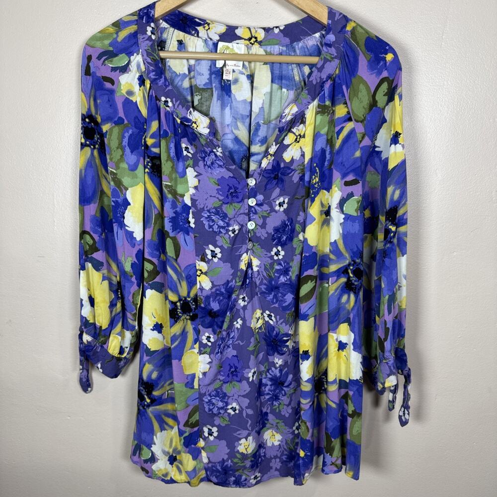 Fig And Flower Womens Plus Size Blouse Floral Boho Mixed Print 2X Rayon Henley